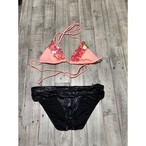 Victorias Secret Bikini Set Peach Sequin Triangle Top Black Ruched Bottoms Small